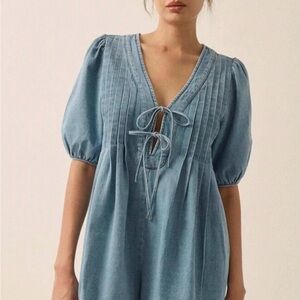 Promesa Josie Puff Sleeve Pleated Denim Romper Size Large